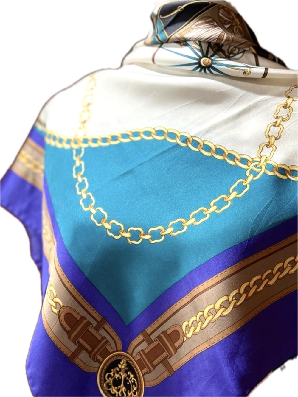 Weill Paris Vintage Silk Scarf with Carriage Chain Design Teal & Purple 34”x34” - Picture 4 of 8